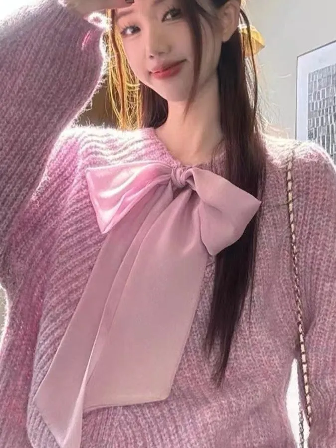 

Осенне-зимний женский вязаный свитер Long Sve с узлом, однотонный, большие размеры, милый, с v-образным вырезом, повседневный, средней длины...