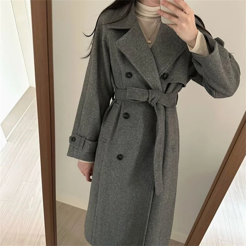 [EWQ] Korean Temperament Double Breasted Lace-up Double-faced Cashmere Coat Women Winter Thick Overcoats 2024 Autumn New 16O2722