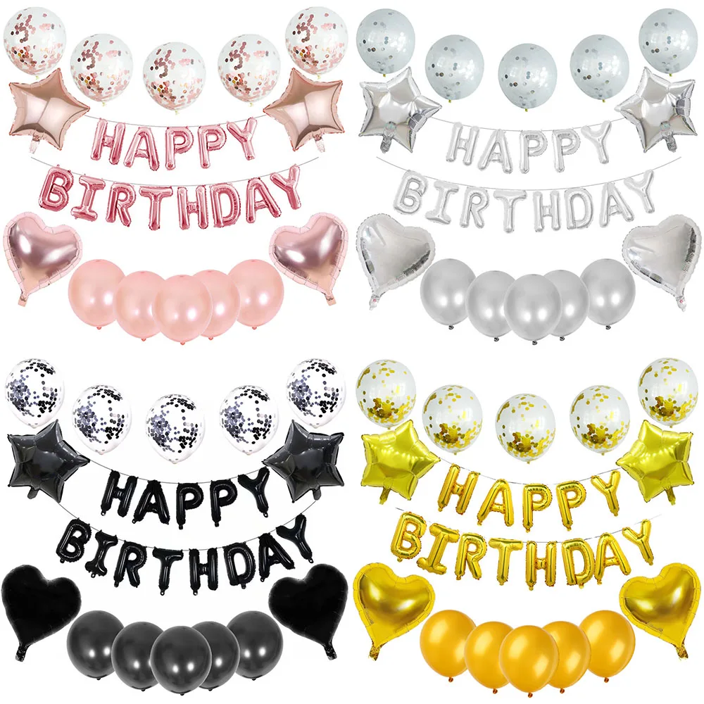 

27pcs/set Happy Birthday Letter Balloons Rose Gold Silver Foil Globos Star Heart Ballon For Adult Birthday Party Decoration Kids