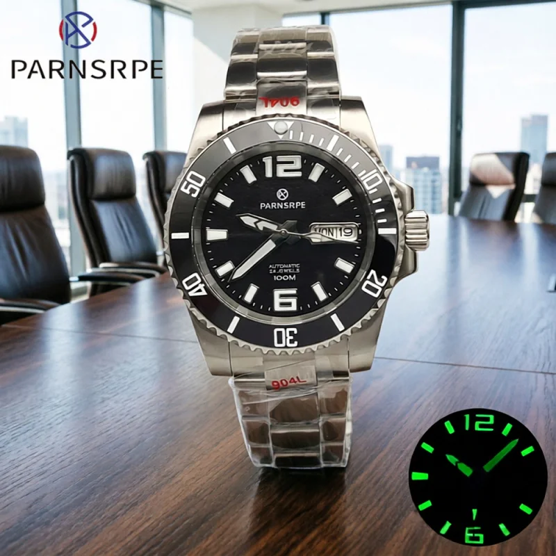 

New NH36 Automatic Mechanical Watch for Men 40mm Diver Sport Black Dial Day Date Stainless Steel Sapphire Crystal Waterproof