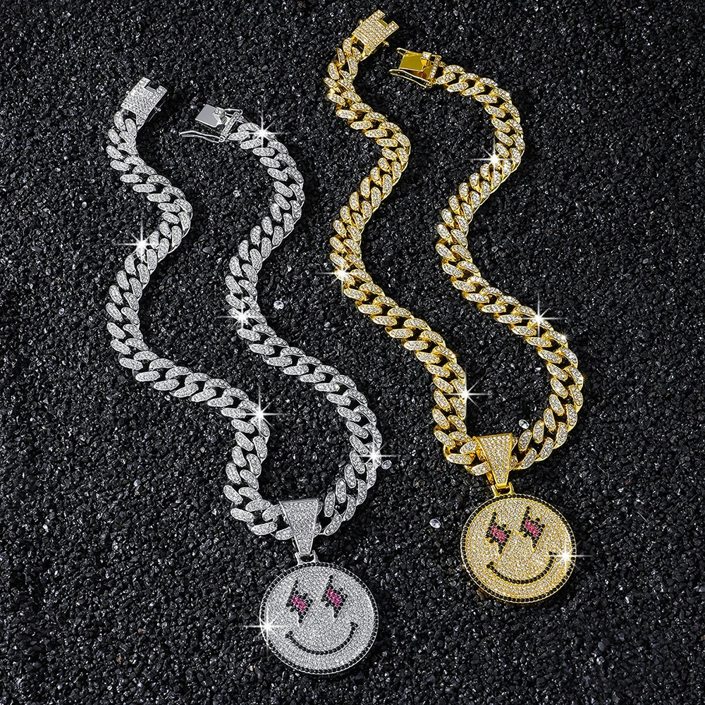 Hip Hop Smiley Face Lightning Eyes Round Pendant Cuban Chain Necklace Fashion Popular Daily And Party Wear Jewelry view 5