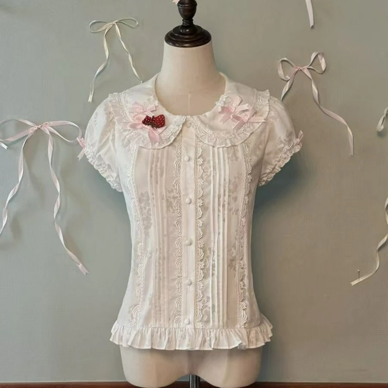 

Vintage Elegant Lolota Style Shirts Women Sweet Peyer Pan Collar Bow Strawberry Embroidery Blouses Tops Kawaii Cute Blusas Mujer