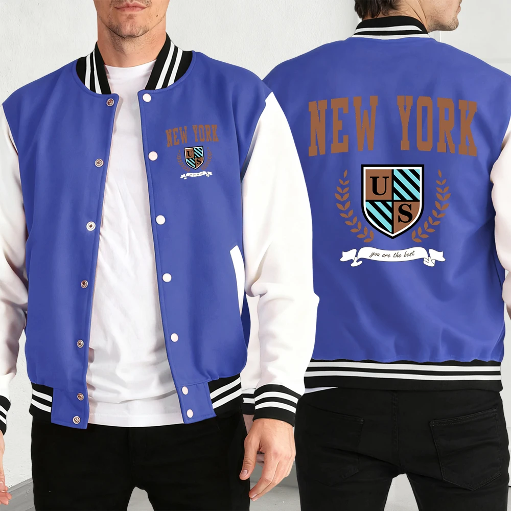 

New York Usa Print Men'S Autumn Warm Jackets Fashion Street Menswear Classic Loose Baseball Jersey Pocket Comfortable Coat