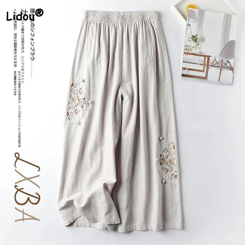 Stylish Vintage Elastic High Waist Embroidery Cropped Pants Summer Women's Clothing All-match Solid Color Casual Wide Leg Pants