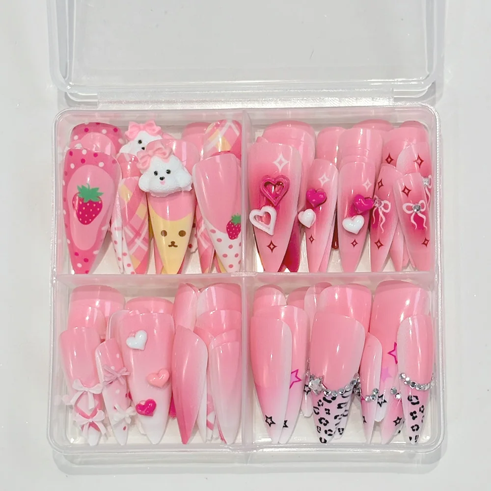 96Pcs Pink Long Stiletto Press On Nails 3D Cute Strawberry Bowknot Charms Fake Nails for Girls Y2K Style Party Daily Manicure TD view 3