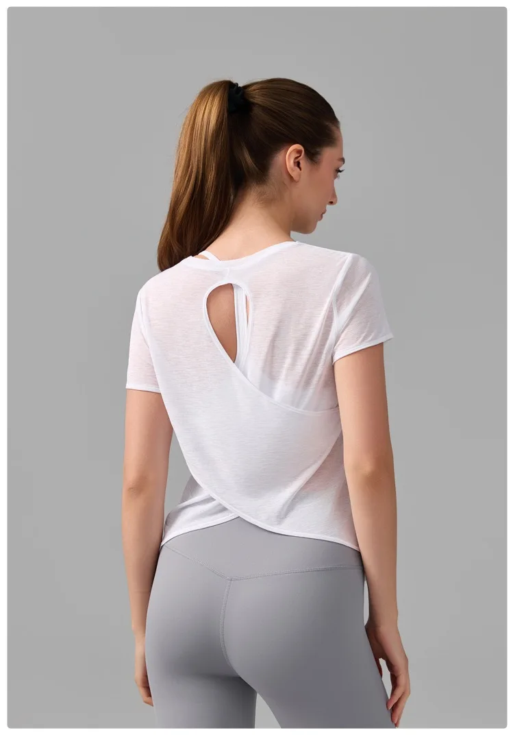 Damen Yoga-Überziehshirt mit strukturierter, kurzer Ärmelform, ausgestelltem Design, atmungsaktiv, schnelltrocknend, ideal für Pilates und Fitnessstudio. – Detail 13