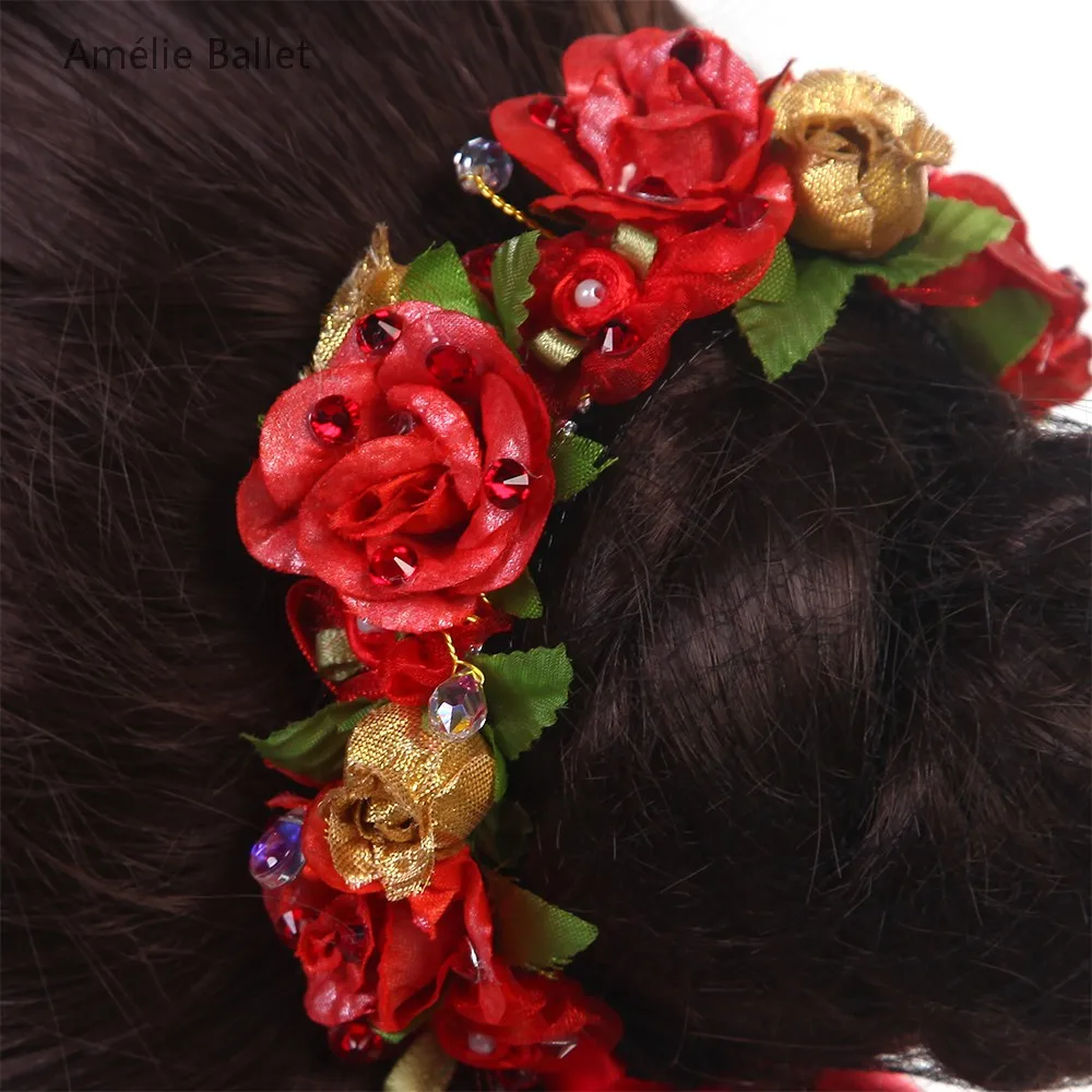 HB077 Free Shipping Red Flower Headdress Hair Accessories Girls Ballerina Headwear Ribbon Hairwear Ballet Dancing Head Bands