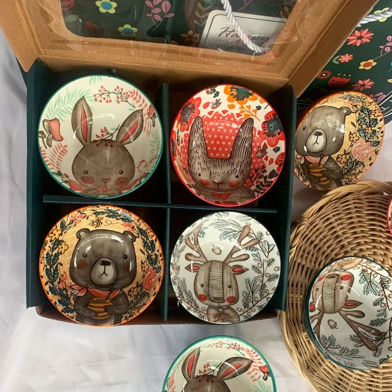 Cartoon tableware, bowl set, gift, tableware set, daily necessities, housewarming tableware gift box, ceramic bowl.