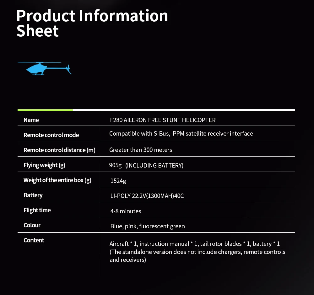 YXZNRC RC Helicopter F280 2.4G 6CH 6-Axis Gyro 3D6G Dual Brushless Direct Drive Motor Flybarless Remote Control Airplane BNF/RTF