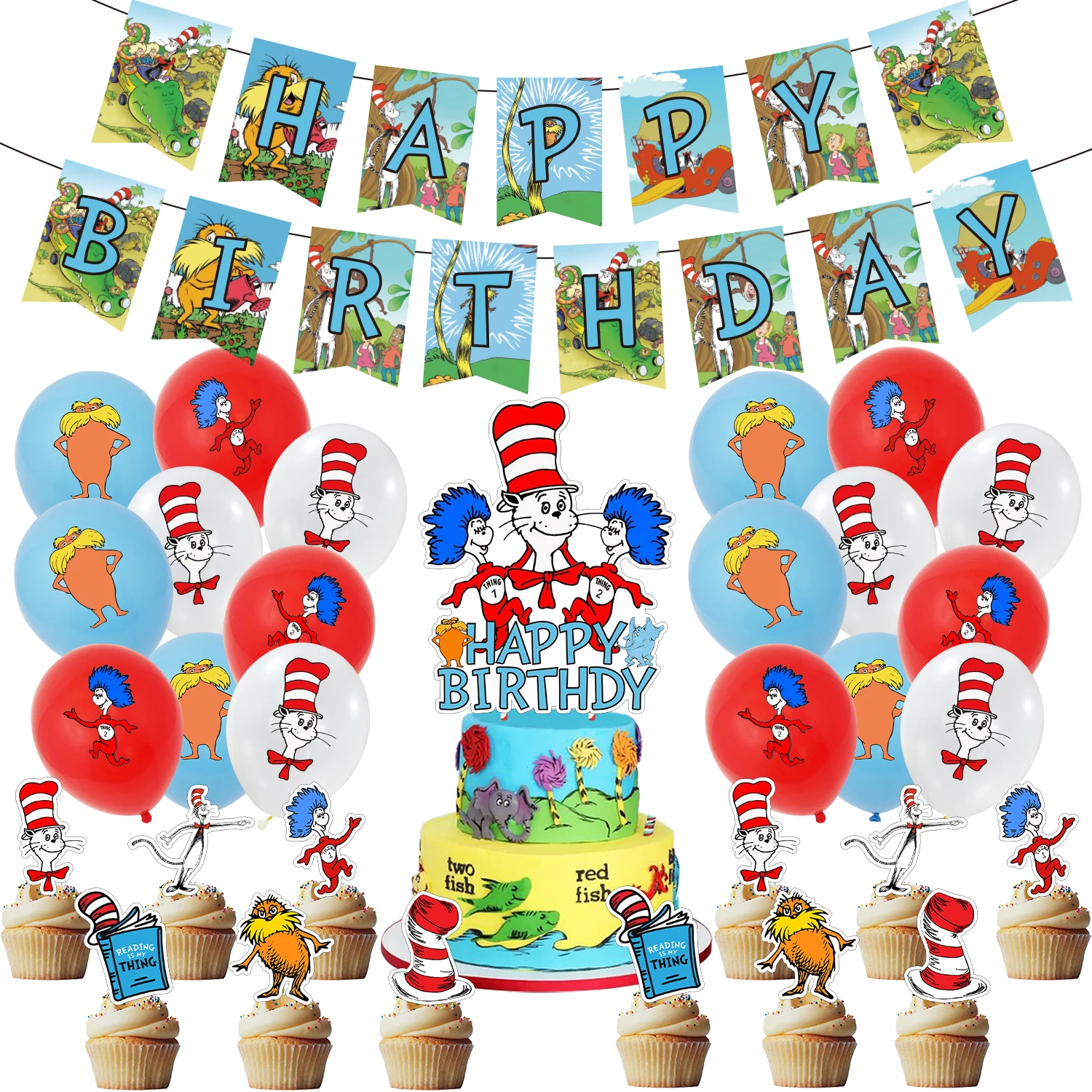 

Dr.Seuss Theme Birthday Party Decorations Banner Balloons Caketoppers Dr.Seuss Party Supplies For Baby Shower Decor