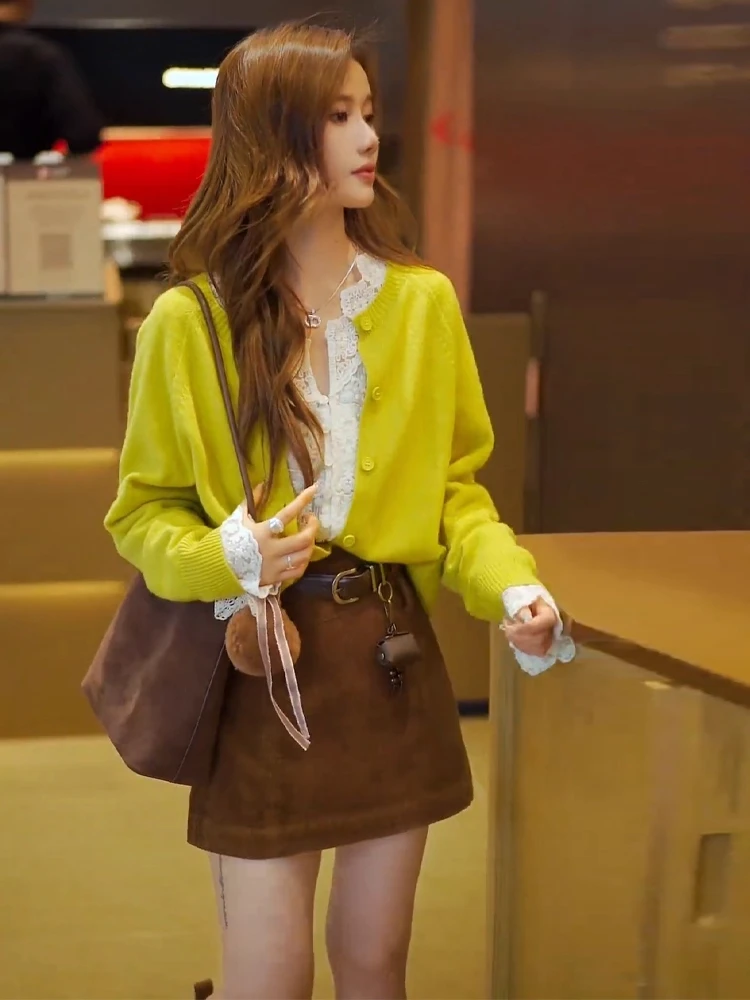 

Korean Sle Knitted Sweater And Skirt Two-Piece Set for Women Casual Wear Autumn Collection High Waist V-Ne Long Sve