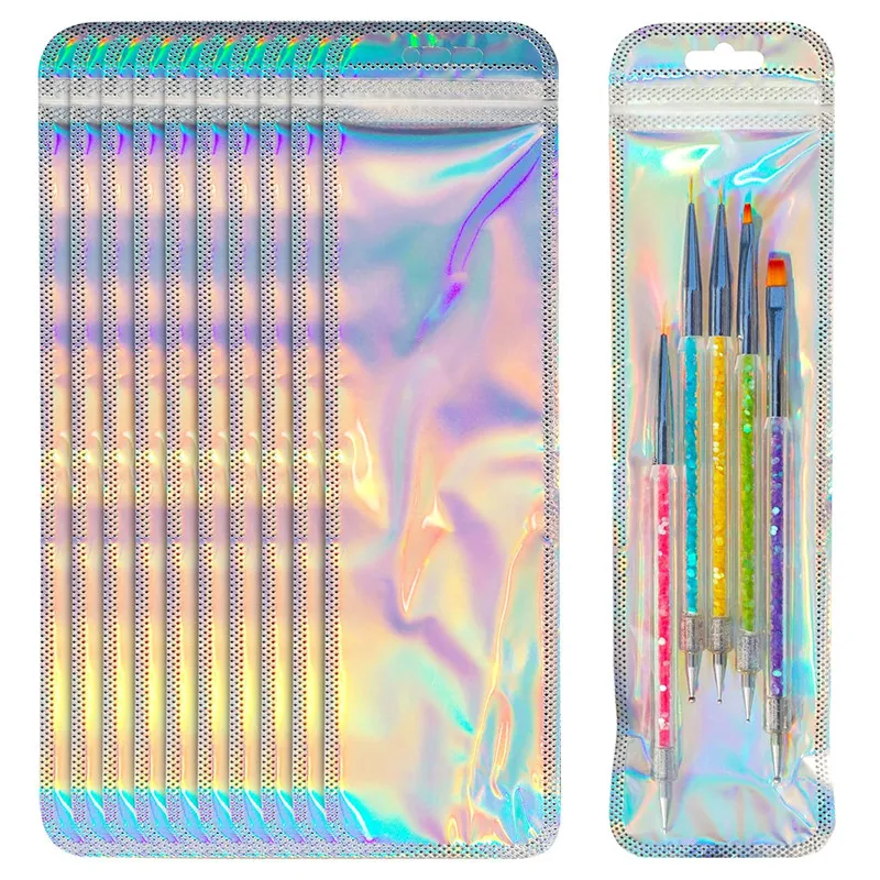 

120pcs Long Holographic Bags Resealable Packaging Bag Gifts Foil Pouch Sealable Packaging Bags Ziplock Mylar Baggies For Pen