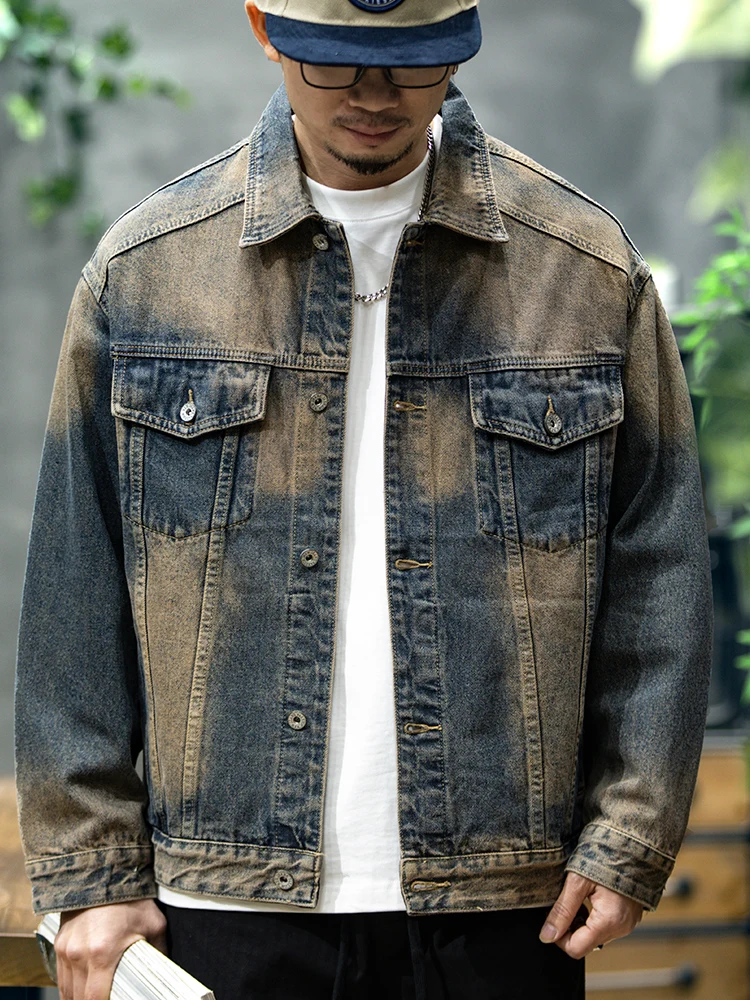 Retro Washed Denim Jacket Men's Loose Fit Autumn Trendy Brand Wasteland Style Cotton Workwear Jacket with Multiple Pockets