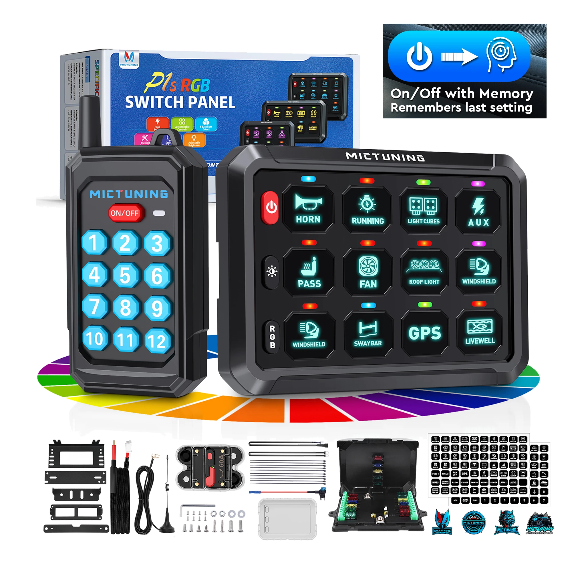 

P1Y 12 Switch Panel with Wireless Remote Control, Circuit Box RGB Colors Toggle Switch Momentary Circuit Control for Truck Car