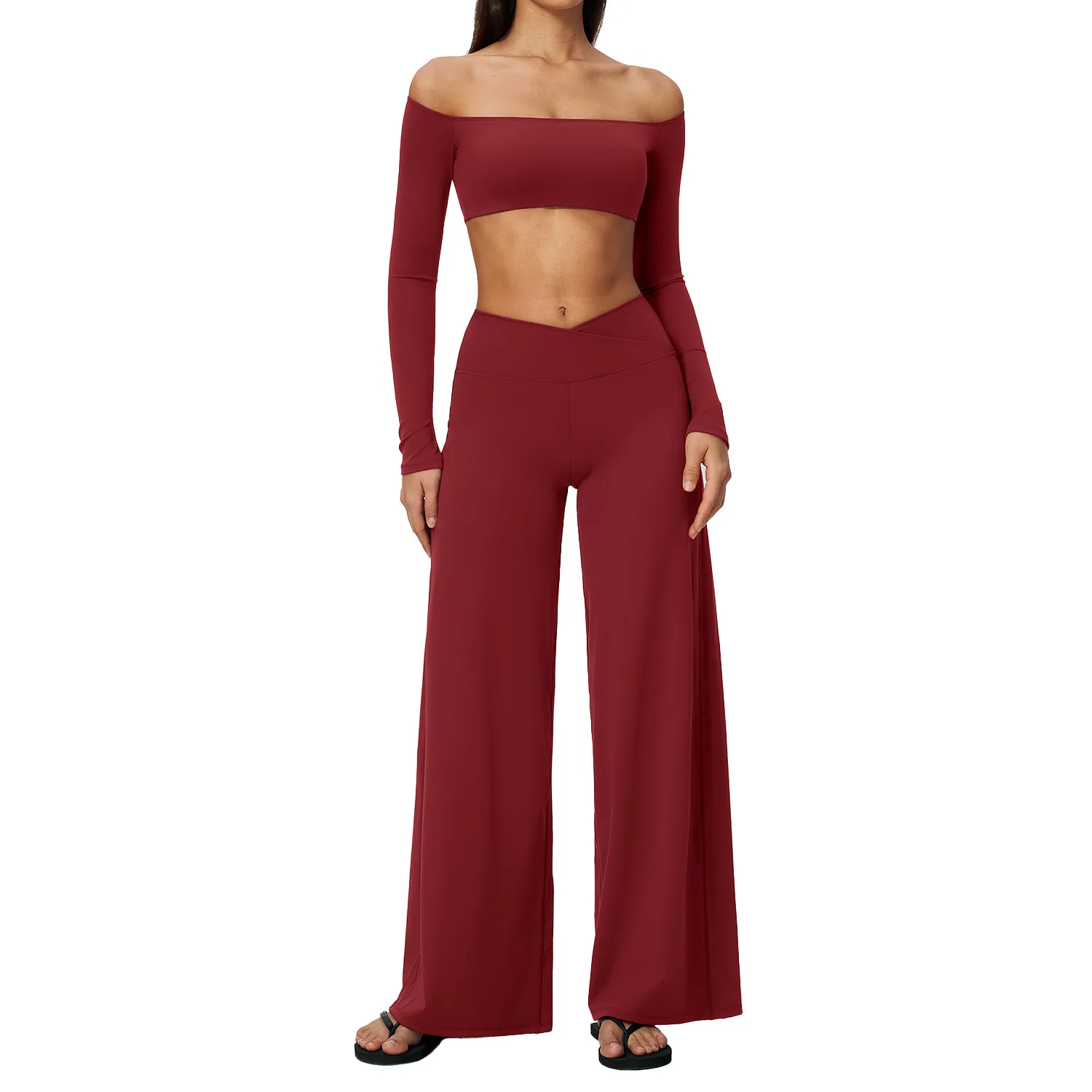 Women Yoga Workout 2Pcs Suit Off Shoulder Long Sleeve Cropped Top Cross V Waist Wide Leg Pants Nude Feel Gym Pilates Running Spo