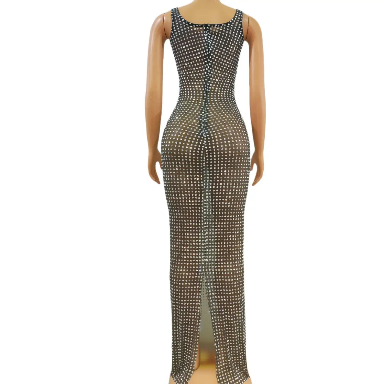 Bnazuandiaodai Full Shiny Diamonds Rhinestone Mesh Bodycon Maxi Dress Sleeveless Sheer Club Cocktail Evening Party Long Gown - view 3