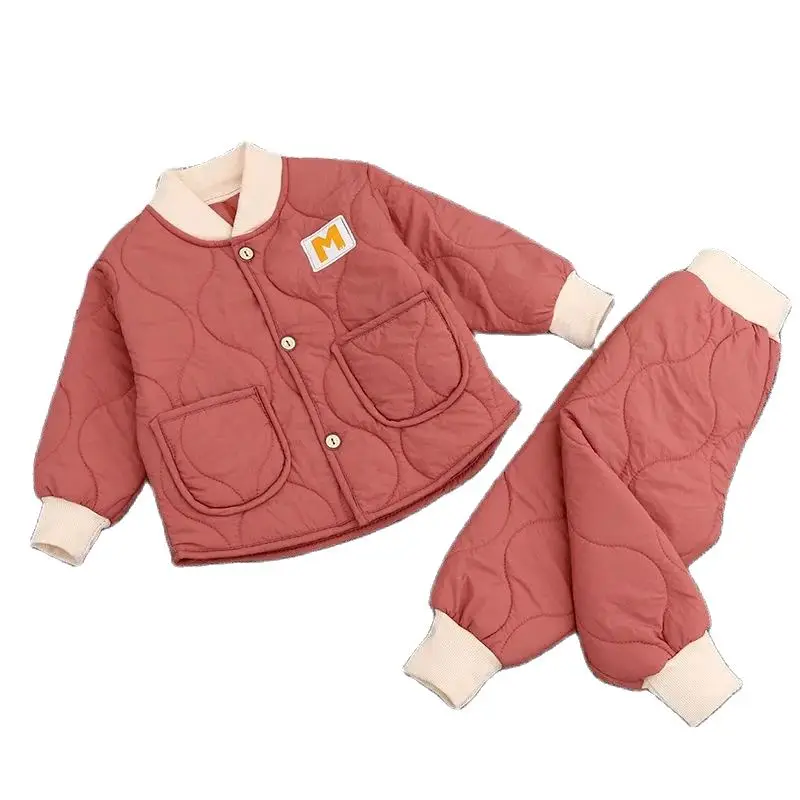 Children\'s Winter Padded Clothes Suit Boys Girls hooded Thickened Cotton Quilted Trousers0-5T Baby Home Service 2-Piece Set