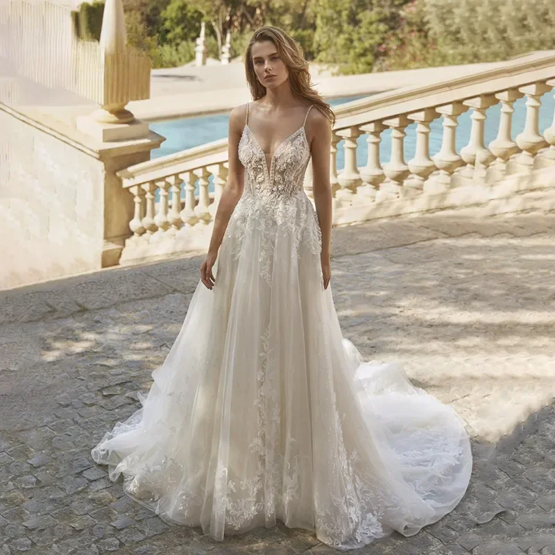 Robe de Mariée Trapèze à Bretelles Spaghetti et Col en V pour Femme, Vêtement Éducatif sur Mesure, 2023