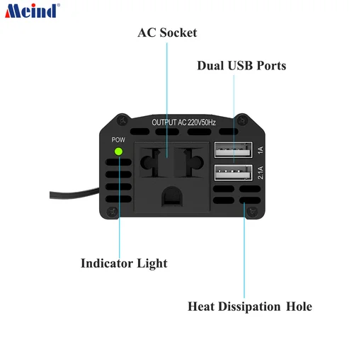 Imagen 2 del producto Meind Inversor de coche portátil de 150w, inversor de corriente de 12v a 220v para coche
