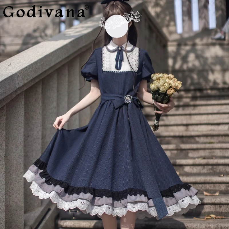 الربيع الصيف الحلو لوليتا فستان السيدات الأصلي الأنيق الرجعية الأزرق الداكن فستان الأميرة المرأة الصيف فستان قصير الأكمام