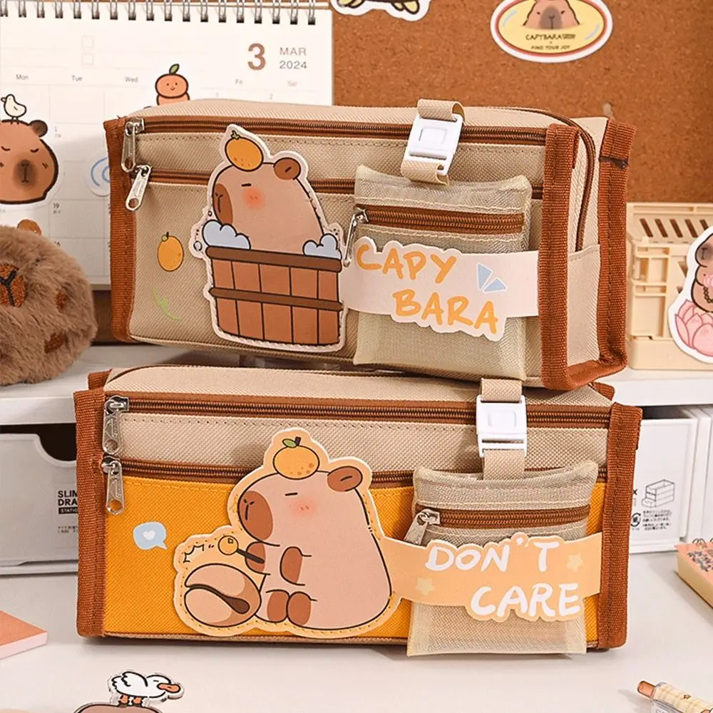 

Storage Bag Large Capacity Capybara Pencil Bag Cute Kawaii Stationery Bag Canvas Desktop Organizer Storage Pouch Office