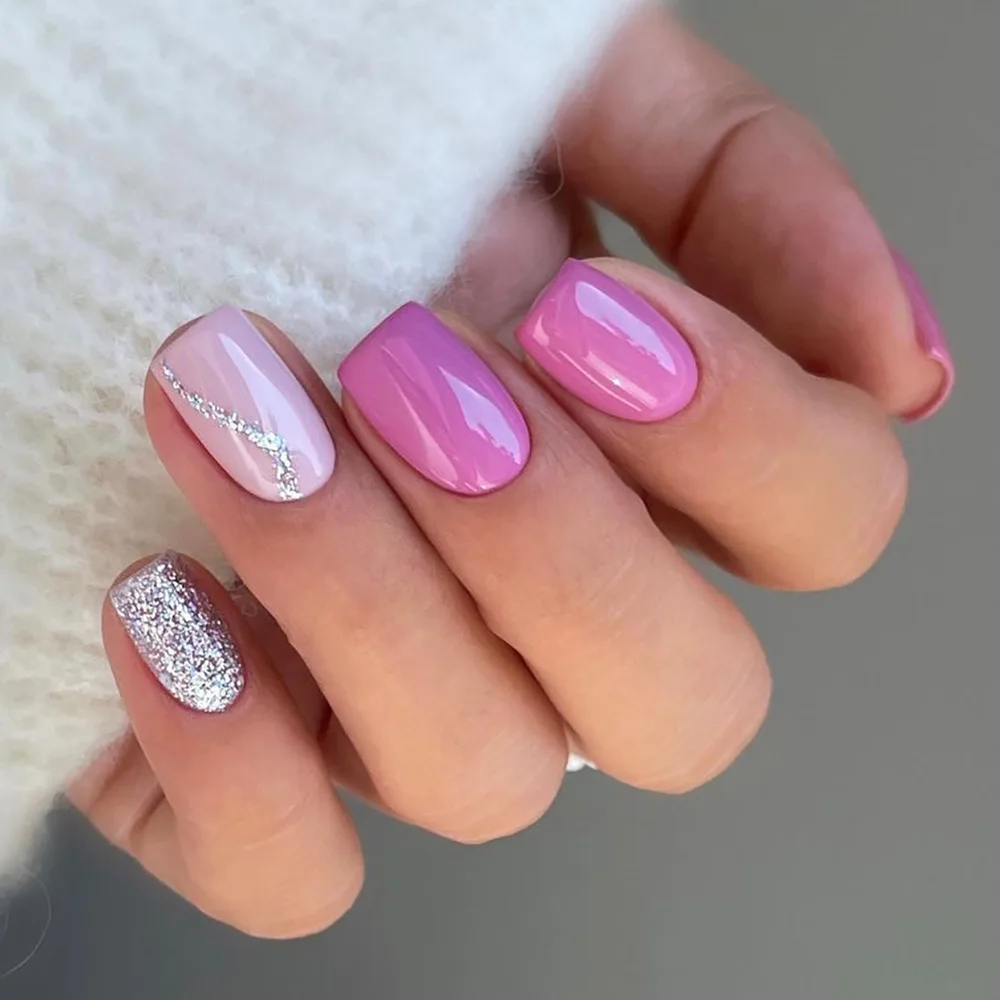 Silver Glitter Powder Purple Pink Short Square Fake Nails Solid Color Detachable Finished False Nails Press on Nails with Glue