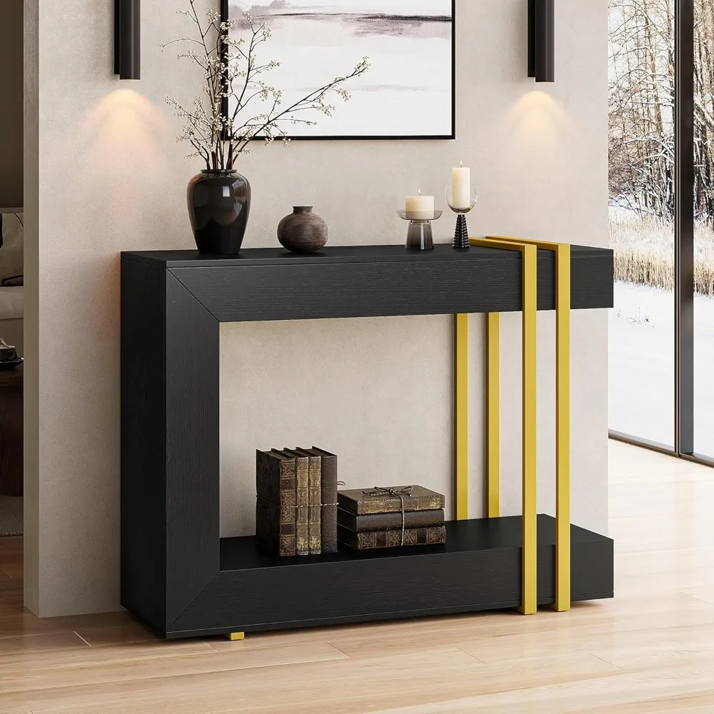 طاولة وحدة تحكم 42.5 خلف الأريكة، طاولة مدخل ضيقة من طبقتين مع مساحة تخزين، طاولات أريكة خشبية للممر/المدخل/غرفة المعيشة