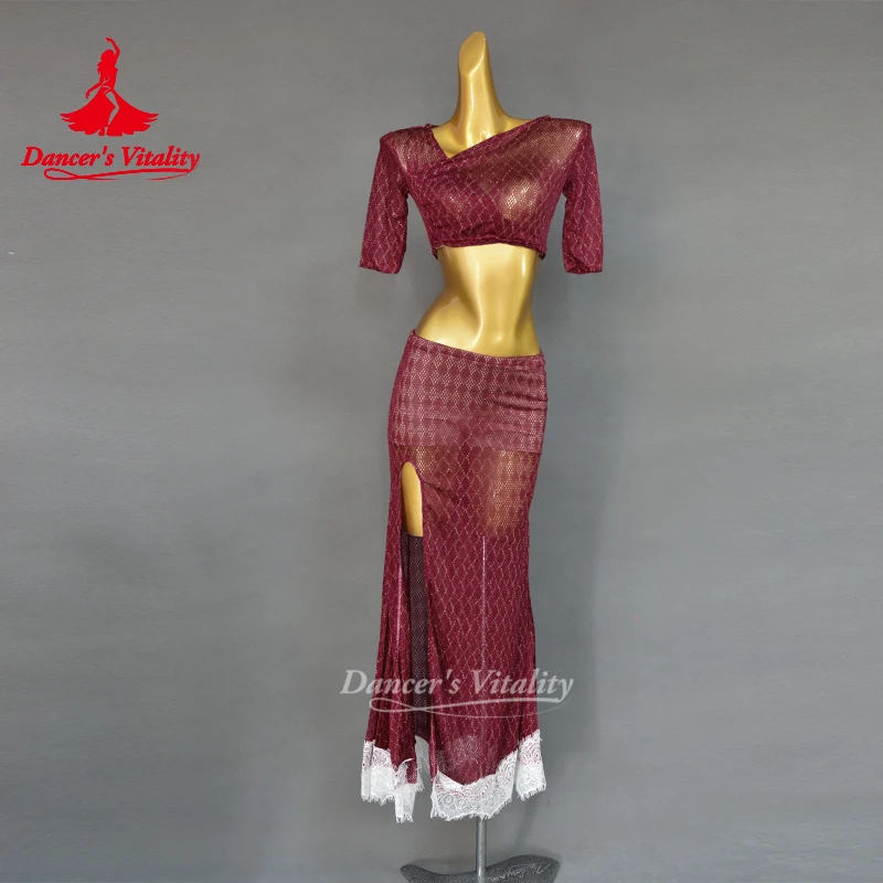 

Одежда для практики живота для женщин, топ с короткими рукавами + кружевная длинная юбка, 2 предмета, сценическая одежда для восточного танца живота для девочек, наряд