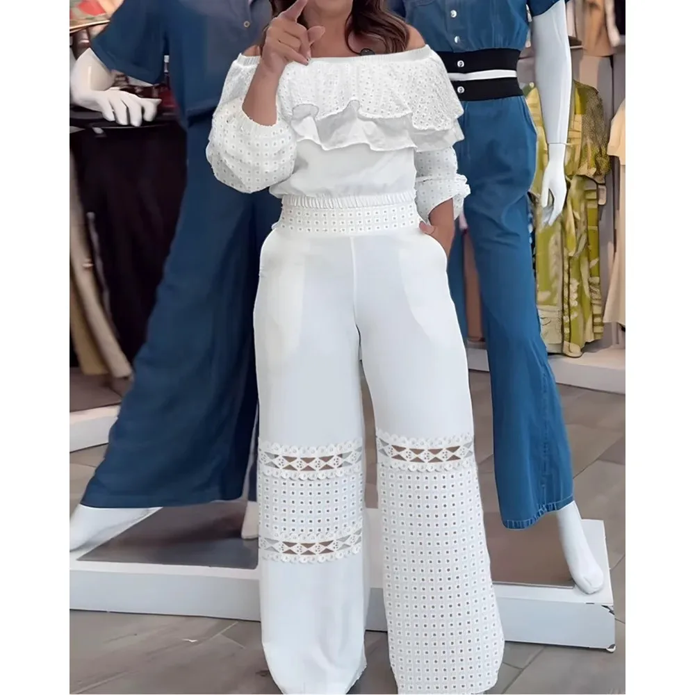 2 Pices Set Outfits Women Off Shoulder Long Sleeve Top and Wide Leg Pants Set Elegant Two Pieces Sets y2k Outfits