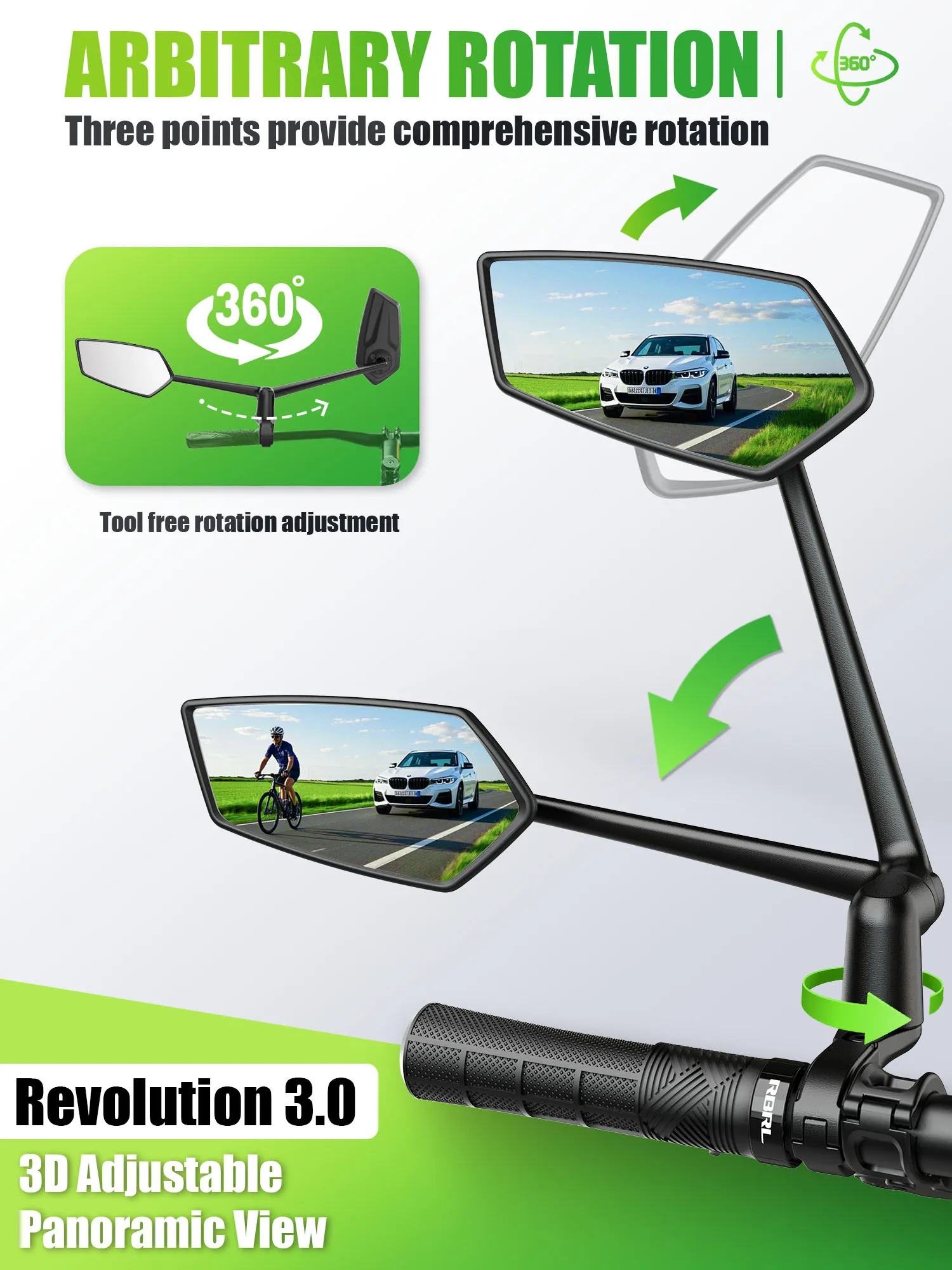 RBRL Wide Angle Bike Mirror Handlebar Ultra Clear Left Right Rearview mirror with Extended Mirror Arm for Electric Scooter