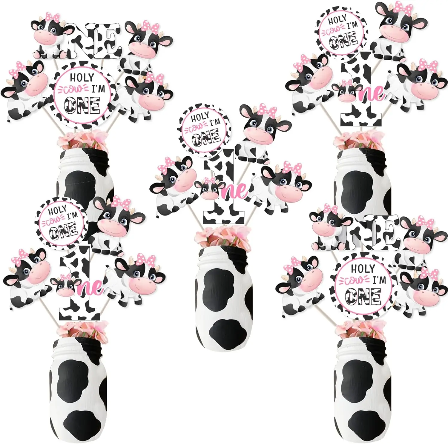 24PCS Cow First Birthday Centerpiece Sticks, Holy Cow I’m One Table Toppers, Farm Animals Cow Print 1st Birthday Decor for Girls