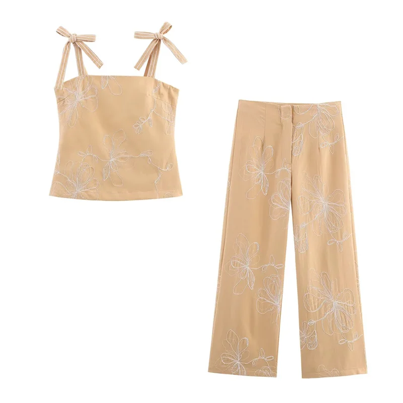 

Women's Suit New Summer 2025 Yellow Camisole Top Wide-leg Pants Suit Embroidered Trims Sexy Casual Personality Fashion