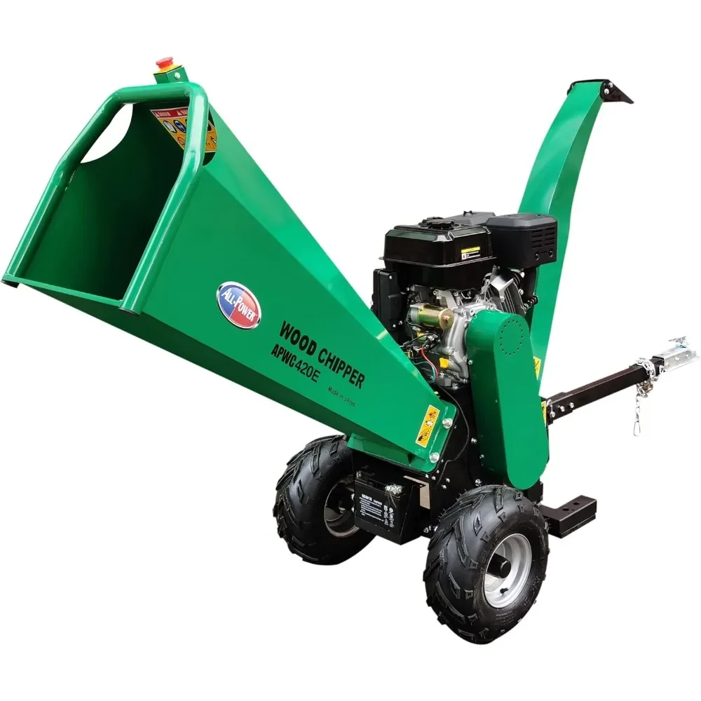 

Electric Start APWC420 Woodchipper Mulcher 15HP JD Engine 420cc Gas Powered Chipper Shredder 2000 RPM Double Edge Blades 6" Feed