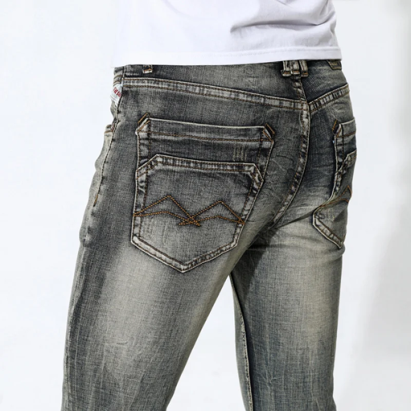 

JXN 617 Denim trousers men's new retro hole Slim small foot paragraph trousers button chain row