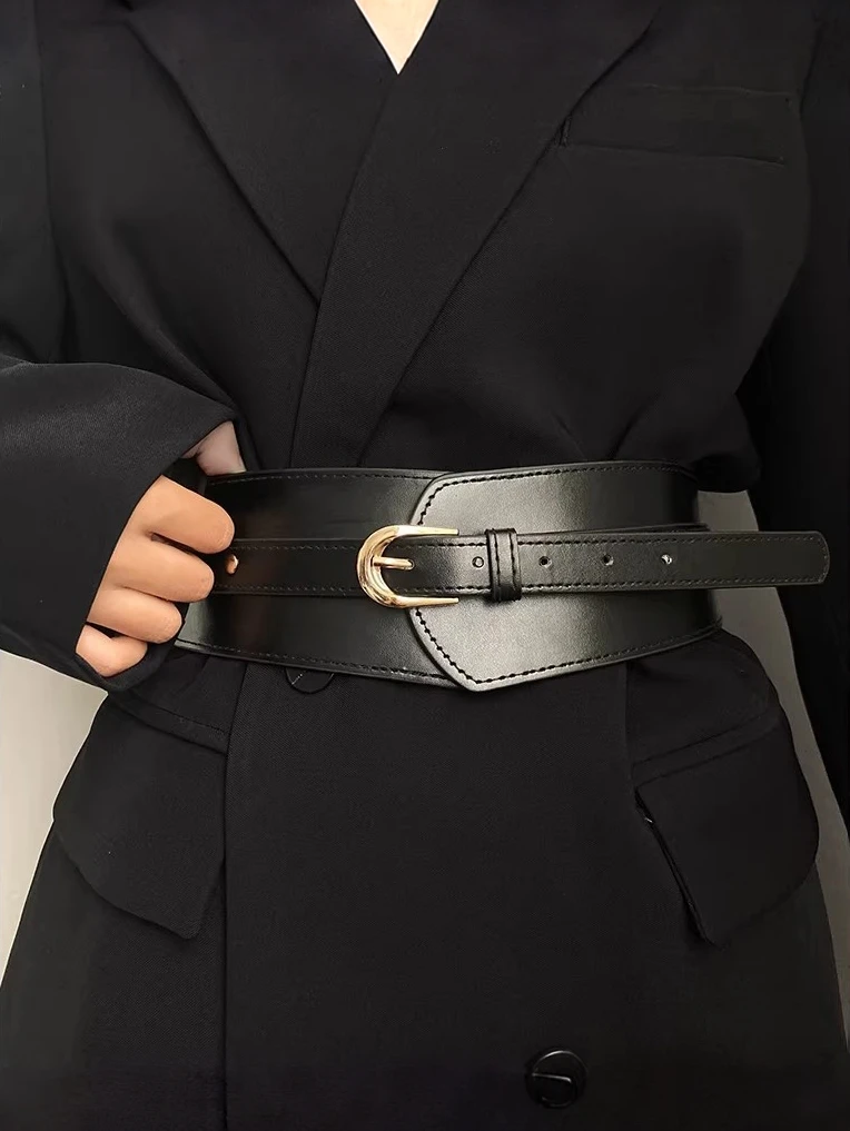 Metal Buckle Wide Waist Cincher, Slimming PU Belt, For Dresses & Coats, Elegant Waist Decor