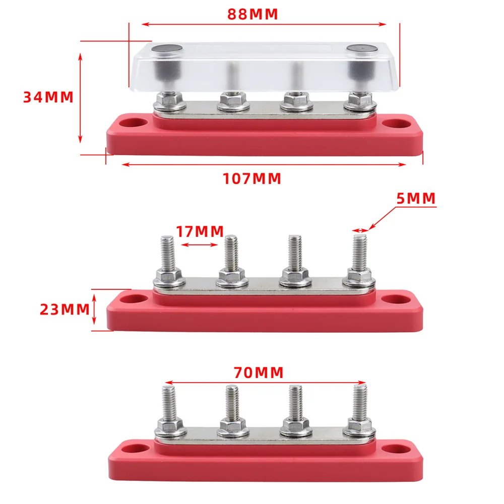 RV Yacht Motorhome Busbar Single Row 4 Way Red and Black M5 Busbar 48V 100A with Cover