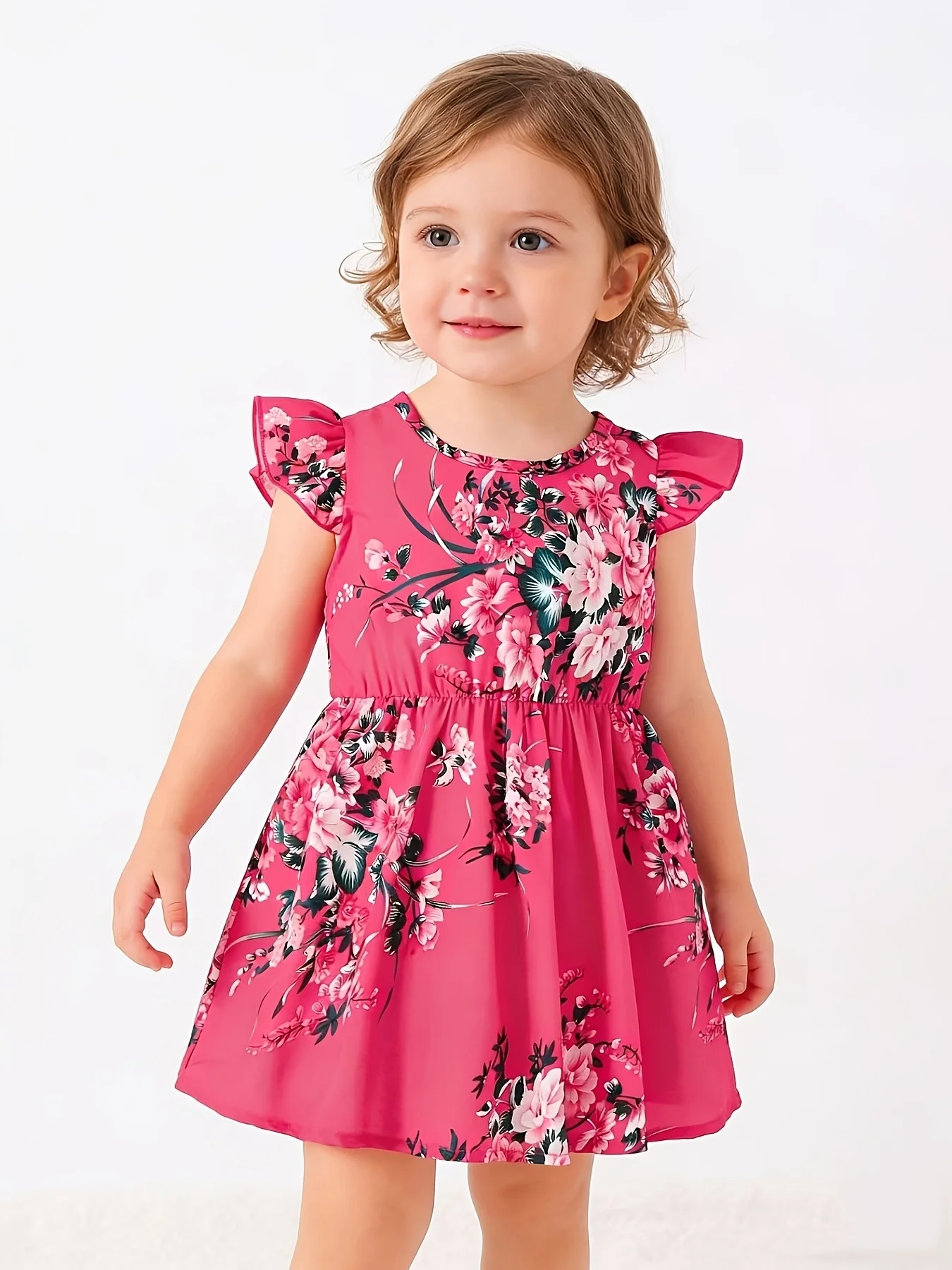 Hot Pink Floral Print Girls Ruffle Sleeve Dress Sweet Style Summer Outfit