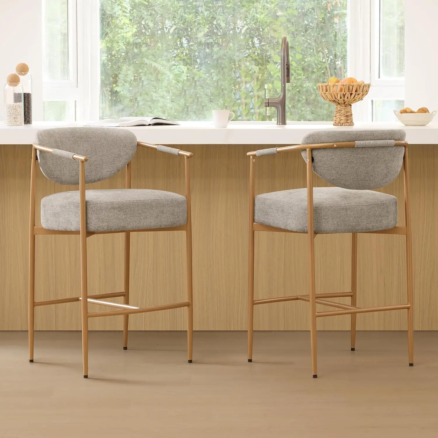 

Counter Height Bar Stools Set of 2, Modern Upholstered with Arms, Metal Legs, 27' Seat Height, Khaki Fabric