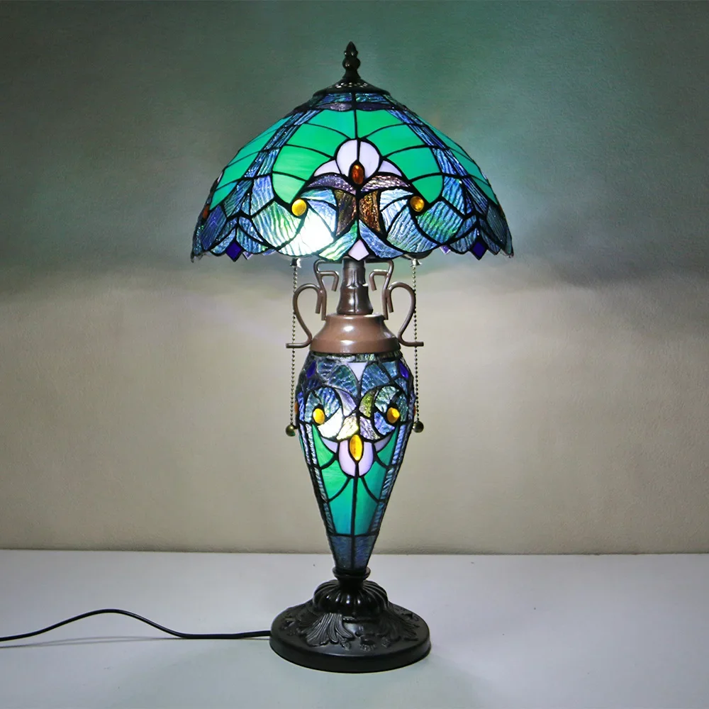 

High-end European-style bedroom study desk lamp, colored glass, elegant and stable handmade delicate child and mother desk lamp