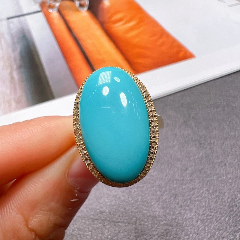 Original design Large oval turquoise rings for women Classic ethnic style Simple blue engagement banquet party jewelry