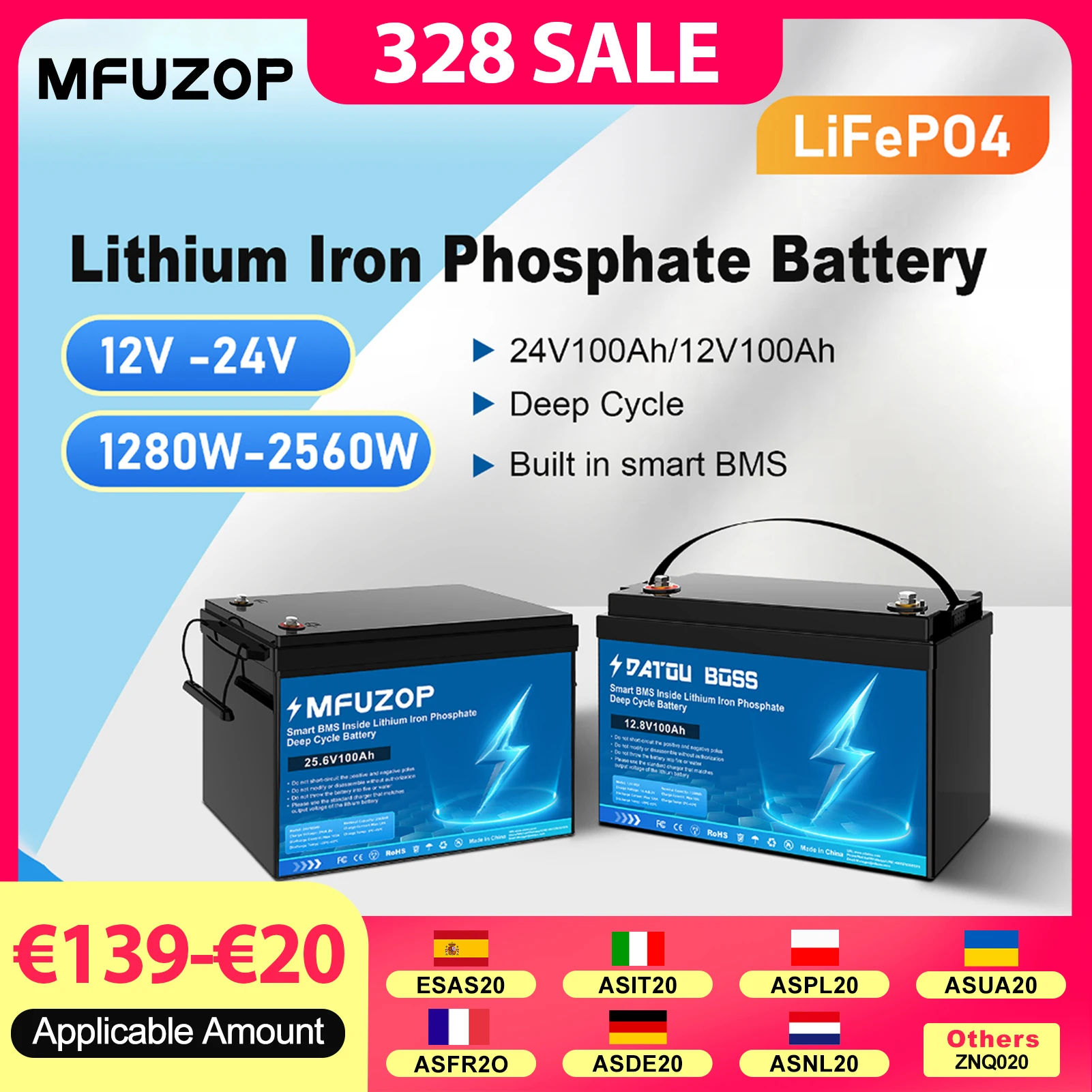

MFUZOP 12V24V100A LiFePO4 Battery Portable Rechargeable Built-in Intelligent BMS System Deep Cycle 10000+ for RV Solar No VAT
