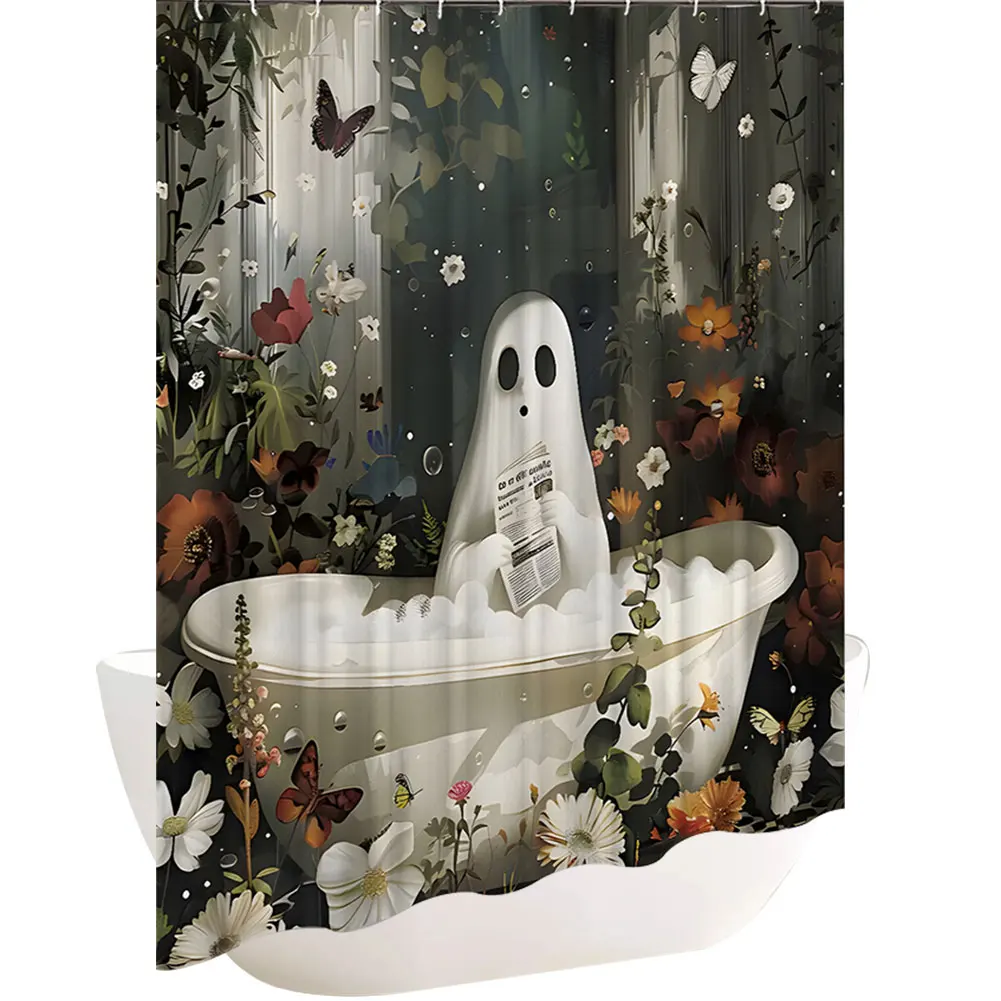 Cute Cartoon Ghost Shower Curtain Set Halloween Bathroom Curtain Washable Polyester Fabric with Hooks for Bathroom Decorations