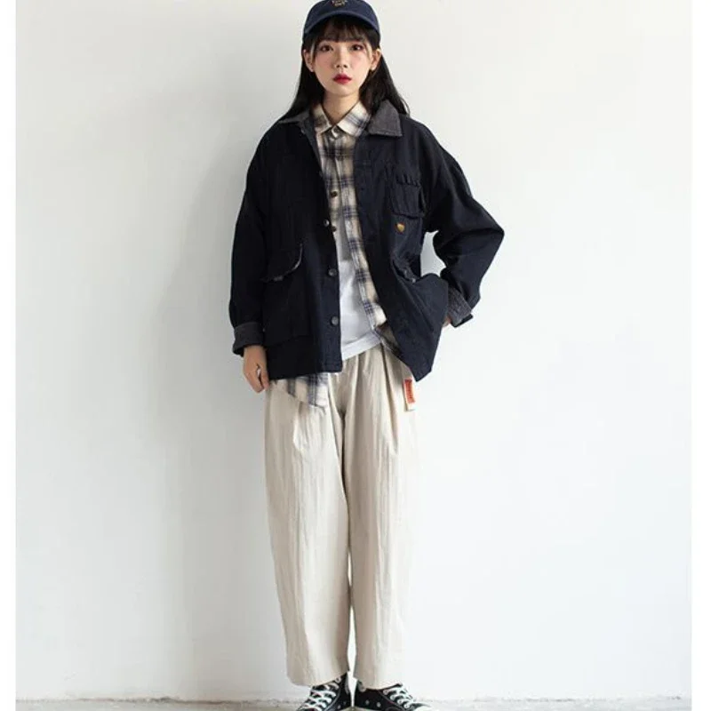 

Japanese Cargo Vintage Women Men Spring Autumn Clothing Harajuku Cotton Coat Military Pocket Buttons Workwear Streetwear