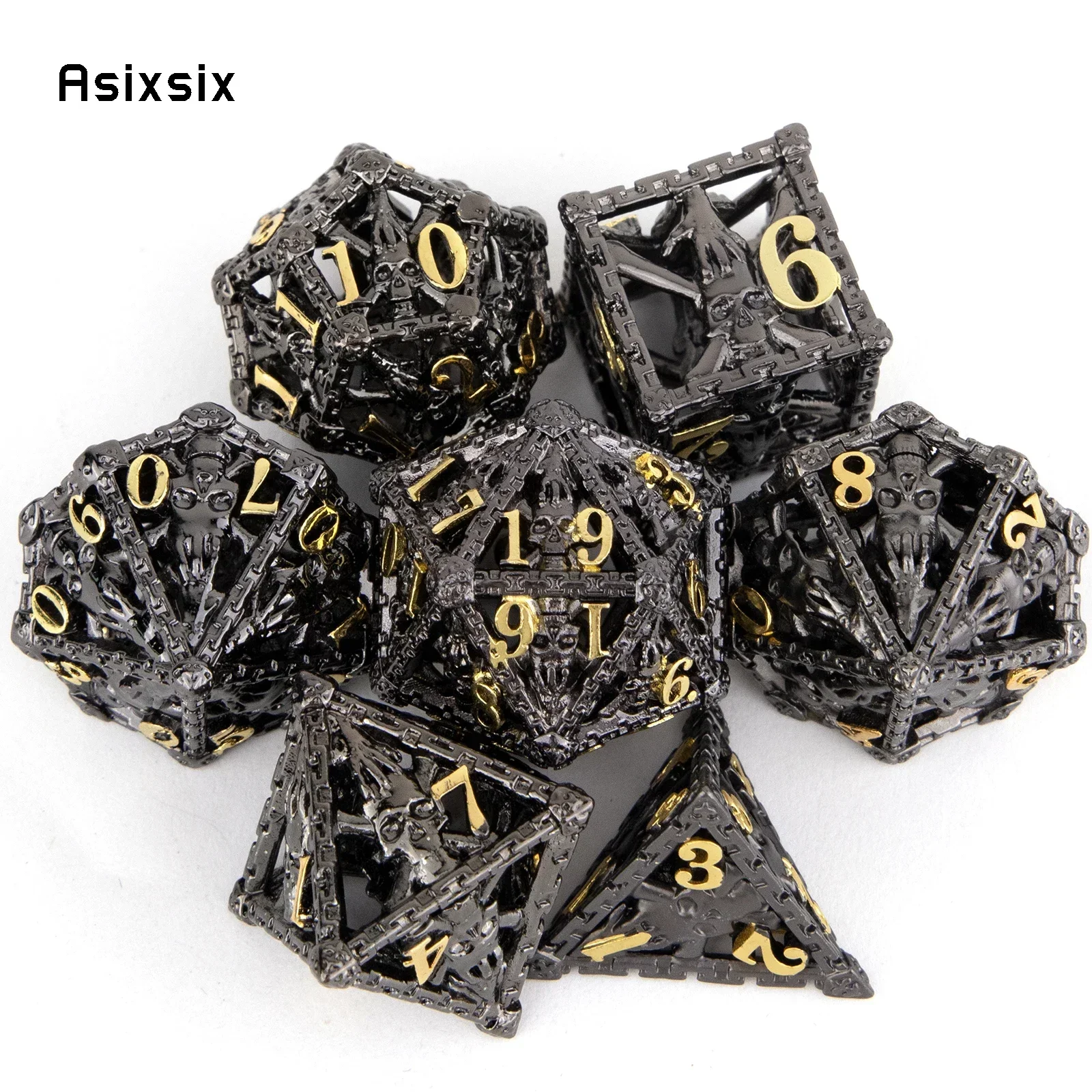 

7 Pcs Black Golden Hand Skull Head Metal Dice Hollow Polyhedral Dice Set Suitable For Role-Playing Dice PropBoard Game Gift