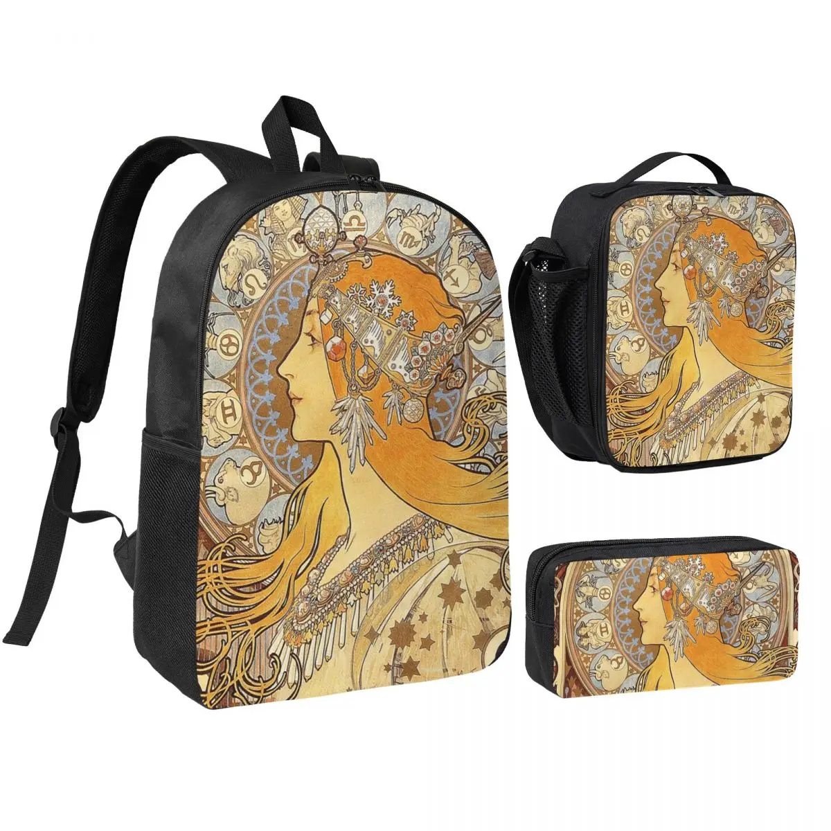 

Alphonse Mucha Zodiac Art Nouveau Woman Backpack Boys Girls BookBag School Bag Shoulder Bags 3ps Insulated Lunch Bag Pencil Case