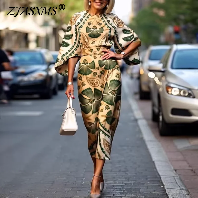 Casual Slim Pattern Print Office Lady Dress Chic O Neck Flare Sleeve Boho Long Dress Summer Vacation High Waist Woman Prom Dress