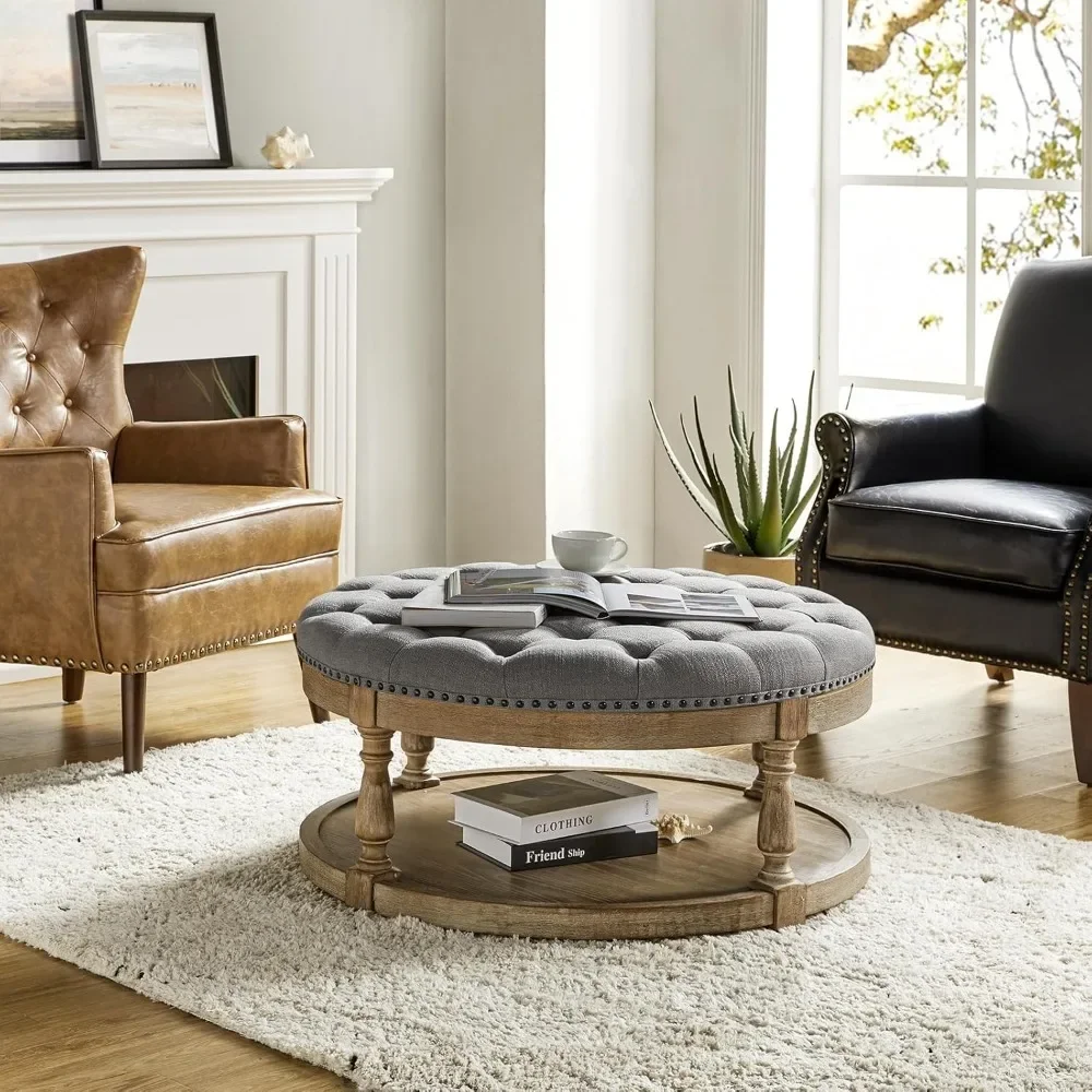

Large Round Ottoman, with Storage,with Shelf & Solid Wood Legs, Upholstered Farmhouse Footrest Ottoman