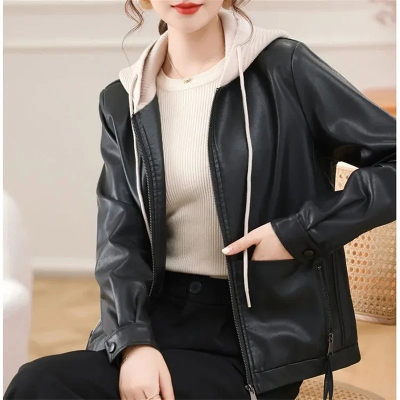 Leather Jacket High-grade Hooded Leather Jacket Female Short Spring and Autumn Loose Fashion Joker Casual Leather Jacket Tide