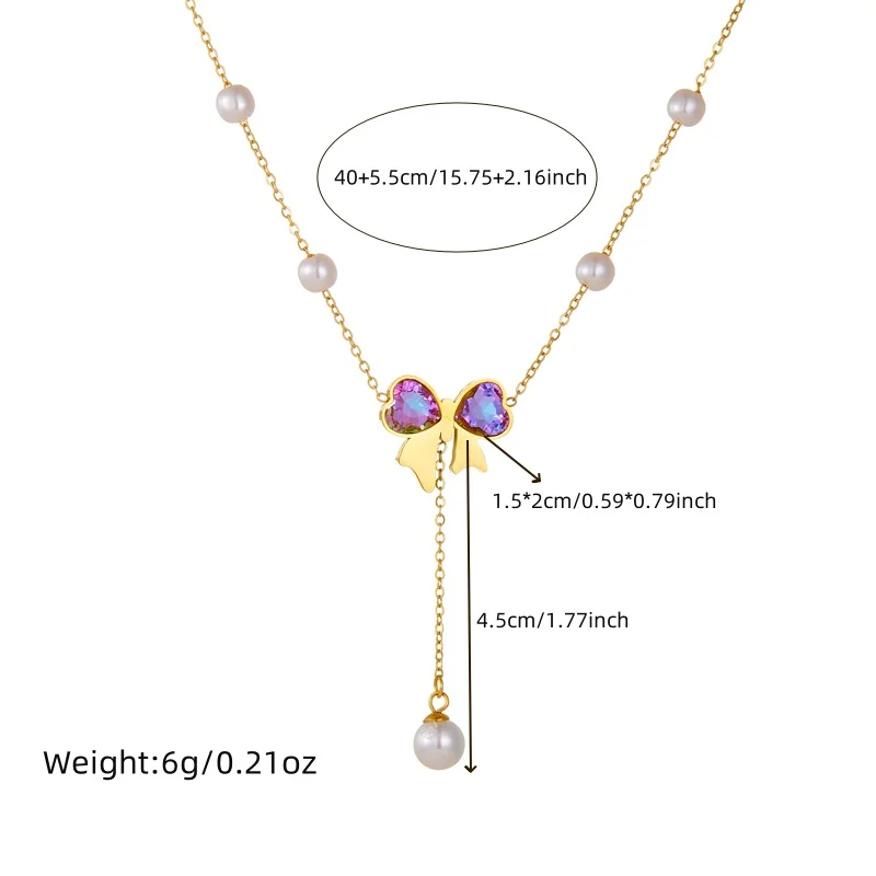 LAMENGLY New 316l Stainless Steel Multiple Different Chains Colored Rhinestone Bowknot Pendant Necklace Elegant Women Neck Chain