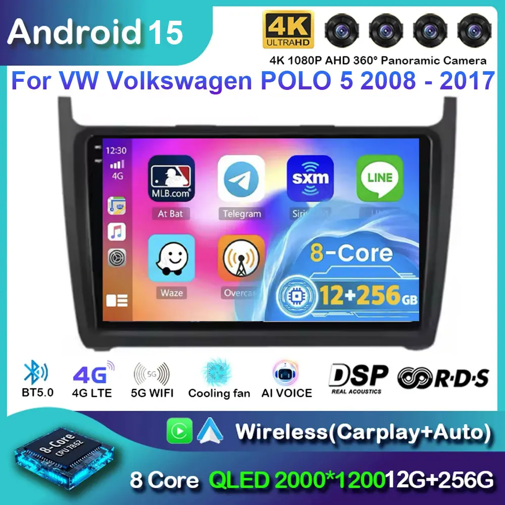 Android 15 Radio de coche reproductor de vídeo Multimedia estéreo para VW Volkswagen POLO 5 2008-2017 Vento Carplay Auto